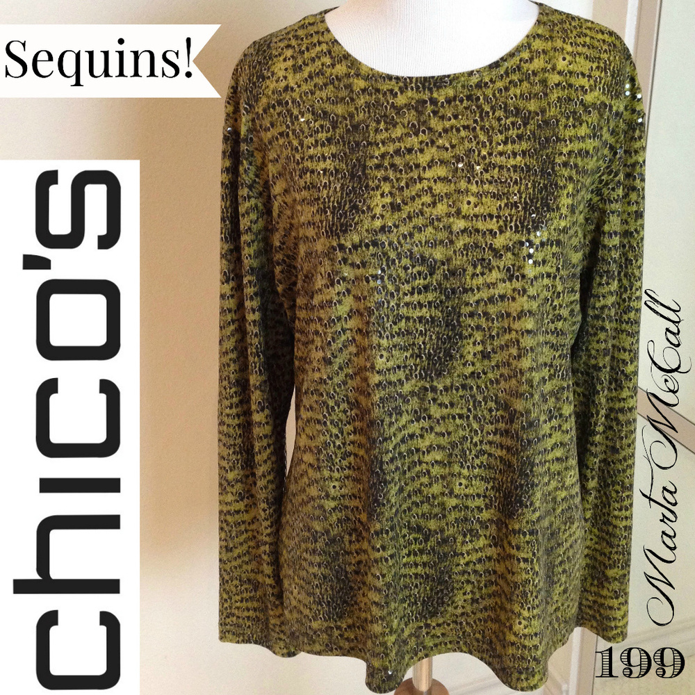 CHICO's Green Black Ostrich Print All Over Sequins